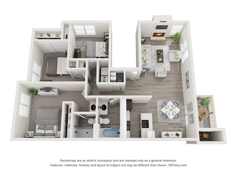 Floor plan for 3 beds, 2 baths, 1220 sqft